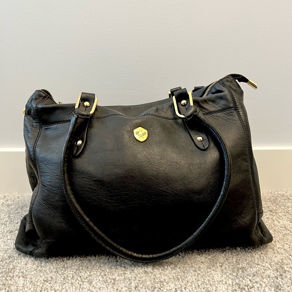 The PB perfect handbag-black pebble leather exterior and blue floral liner!